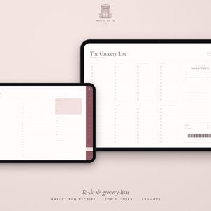May include: Two digital tablets displaying productivity planners. The smaller screen shows a To-Do list with checkboxes and a pink highlight box. The larger screen displays The Grocery List with multiple columns and a Market Run receipt graphic.