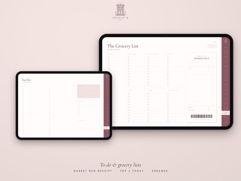 May include: Two digital tablets displaying productivity planners. The smaller screen shows a To-Do list with checkboxes and a pink highlight box. The larger screen displays The Grocery List with multiple columns and a Market Run receipt graphic.