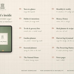 May include: A digital planner display showing 142 hyperlinked pages with a green cover labeled The 2027 Planner. The text lists twelve sections including Year at a glance, Habits & intentions, Money, Honey, Meal planner, and Garden planner.