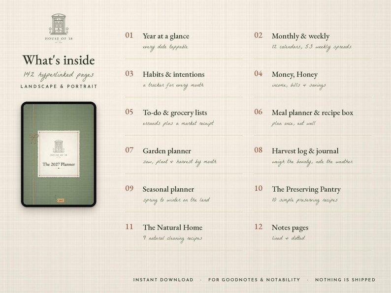 May include: A digital planner display showing 142 hyperlinked pages with a green cover labeled The 2027 Planner. The text lists twelve sections including Year at a glance, Habits & intentions, Money, Honey, Meal planner, and Garden planner.