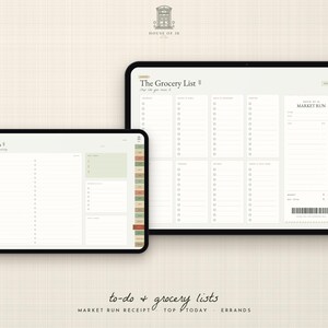May include: Two digital tablets displaying organizational templates. The smaller screen shows a To-Do list with checkboxes. The larger screen displays The Grocery List with categorized columns and a Market Run receipt section with a barcode.
