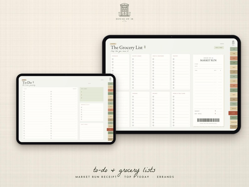 May include: Two digital tablets displaying organizational templates. The smaller screen shows a To-Do list with checkboxes. The larger screen displays The Grocery List with categorized columns and a Market Run receipt section with a barcode.