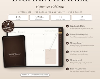 May include: A digital planner titled The 2027 Planner Espresso Edition for tablets. It features 116 pages, 3,200+ hyperlinks, 12 month tabs, and 2 versions. The display shows a weekly layout with a stylus and a dark brown cover design.