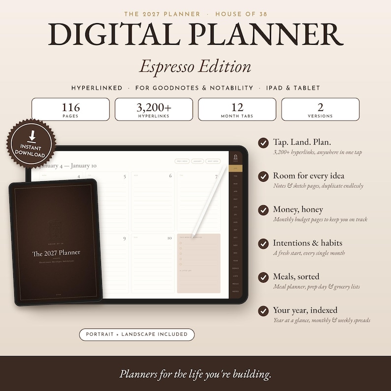 Puede incluir: Una agenda digital titulada The 2027 Planner Espresso Edition para tabletas. Incluye 116 p&aacute;ginas, 3.200+ hiperv&iacute;nculos, 12 pesta&ntilde;as mensuales y 2 versiones. La pantalla muestra un dise&ntilde;o semanal con un l&aacute;piz &oacute;ptico y una portada marr&oacute;n.