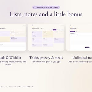 K&ouml;nnte beinhalten: Eine digitale Planer-Oberfl&auml;che mit drei Bereichen: Rituals & Wishlist, The Grocery List und Notebook. Das Layout enth&auml;lt organisierte Listen, Notizen und Kontrollk&auml;stchen mit violetten und cremefarbenen Akzenten. Der Text umfasst Everything in one place, Lists, notes and a little bonus und House of 38 - Luxury Pocket Planner.