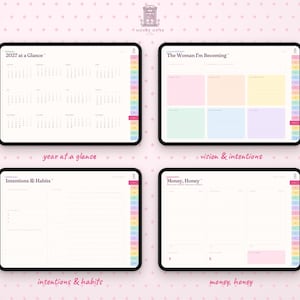 May include: Four digital tablet screens displaying a 2027 planner layout. The screens show pages titled 2027 at a Glance, The Woman I'm Becoming, Intentions & Habits, and MONEY, Honey, featuring colorful sections, monthly calendars, and lined note areas.