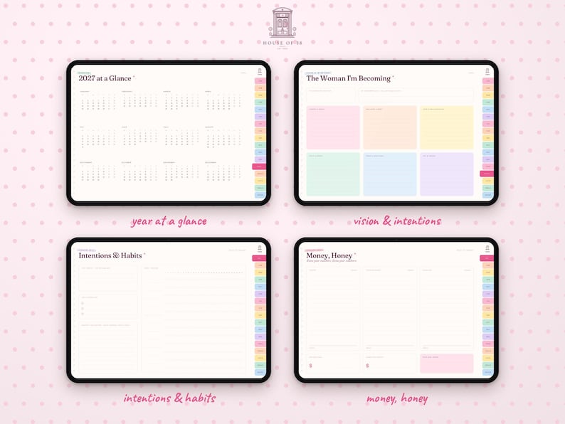 May include: Four digital tablet screens displaying a 2027 planner layout. The screens show pages titled 2027 at a Glance, The Woman I'm Becoming, Intentions & Habits, and MONEY, Honey, featuring colorful sections, monthly calendars, and lined note areas.