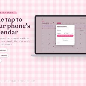 Może przedstawiać: Cyfrowy planer wyświetlony na ekranie laptopa z r&oacute;żowym tłem w kratkę. Tekst głosi: Sends to your calendar, One tap to your phone's calendar, Add any plan to your calendar, Apple Calendar, Google Calendar, oraz Outlook.