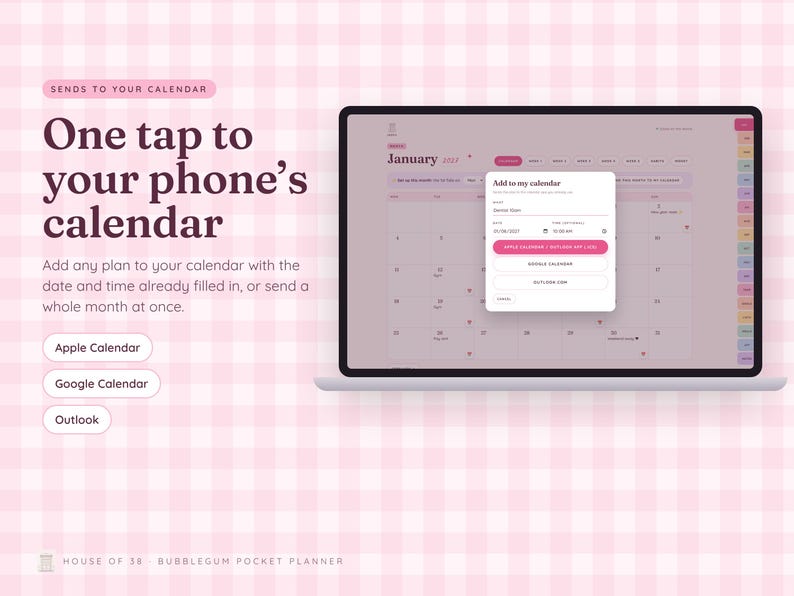 Może przedstawiać: Cyfrowy planer wyświetlony na ekranie laptopa z r&oacute;żowym tłem w kratkę. Tekst głosi: Sends to your calendar, One tap to your phone's calendar, Add any plan to your calendar, Apple Calendar, Google Calendar, oraz Outlook.