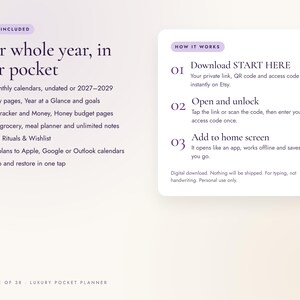 K&ouml;nnte beinhalten: Eine Informationsgrafik f&uuml;r einen digitalen Planer mit dem Titel Your whole year, in your pocket. Sie listet Funktionen wie 12 Monatskalender, Wochenseiten, Gewohnheitstracker und Budgetseiten auf. Ein Bereich How it works erkl&auml;rt die Einrichtung.