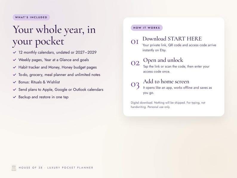 K&ouml;nnte beinhalten: Eine Informationsgrafik f&uuml;r einen digitalen Planer mit dem Titel Your whole year, in your pocket. Sie listet Funktionen wie 12 Monatskalender, Wochenseiten, Gewohnheitstracker und Budgetseiten auf. Ein Bereich How it works erkl&auml;rt die Einrichtung.