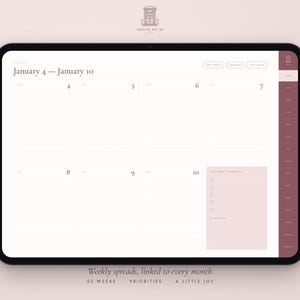 May include: A digital weekly planner displayed on a tablet screen, featuring a clean layout with dates from January 4 to January 10. The interface includes a sidebar with monthly navigation, a priorities checklist, and a section for notes.