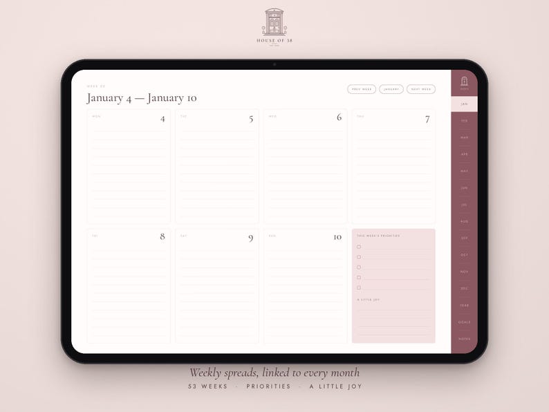 May include: A digital weekly planner displayed on a tablet screen, featuring a clean layout with dates from January 4 to January 10. The interface includes a sidebar with monthly navigation, a priorities checklist, and a section for notes.