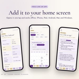 K&ouml;nnte beinhalten: Drei Smartphones zeigen eine digitale Planer-Oberfl&auml;che mit violetten und cremefarbenen Akzenten. Der Text umfasst 'Add it to your home screen', 'Your Year, Indexed', 'January' sowie Anleitungen f&uuml;r iPhone, iPad, Android, Mac und Windows.