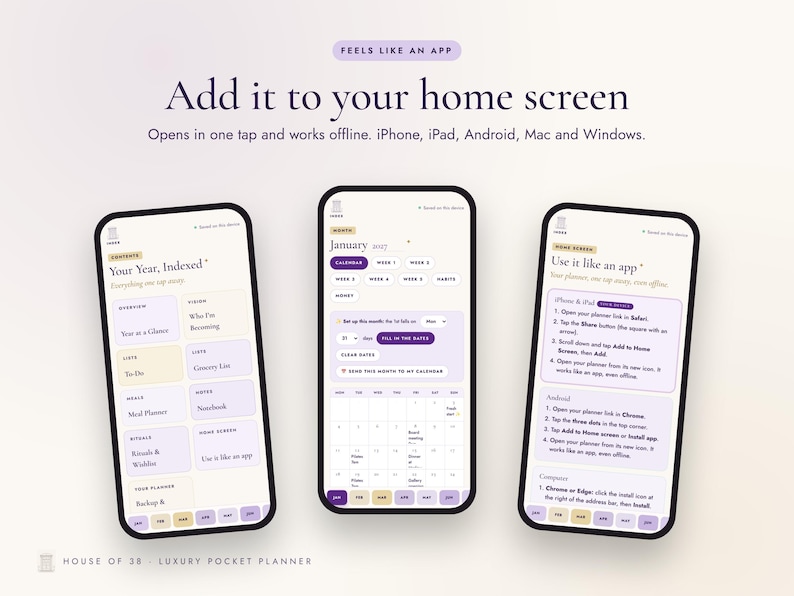 K&ouml;nnte beinhalten: Drei Smartphones zeigen eine digitale Planer-Oberfl&auml;che mit violetten und cremefarbenen Akzenten. Der Text umfasst 'Add it to your home screen', 'Your Year, Indexed', 'January' sowie Anleitungen f&uuml;r iPhone, iPad, Android, Mac und Windows.