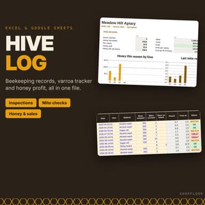 Beekeeping Hive Log Spreadsheet, Varroa Mite Tracker, Honey Profit (Digital Download)