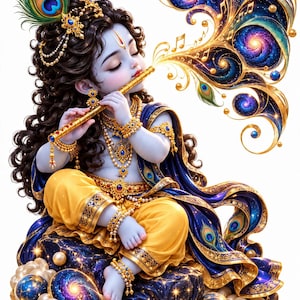 May include: A blue-skinned figure with long dark curly hair adorned with a peacock feather, playing a gold flute. The figure wears yellow pants, blue fabric, and gold jewelry. Swirling cosmic patterns and musical notes emerge from the flute.