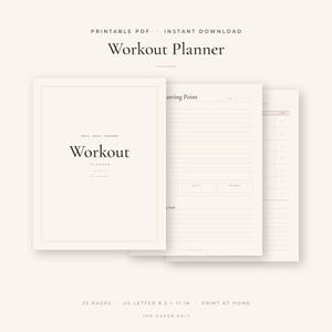 Könnte beinhalten: Ein druckbarer Workout-Planer als PDF mit cremefarbenem Einband und dem Text Workout Planner, Train Track Progress sowie The Paper Edit. Die Innenseiten enthalten Abschnitte für Starting Point, tägliche Ziele und Tracking-Tabellen im Format 21,59 x 27,94 cm.