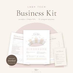 Op de afbeelding: Een digitale zakelijke kit voor wimperstylisten met printbare en invulbare PDF-sjablonen. De set bevat een klantintakeformulier, een cat eye wimpermapping-gids, een prijslijst voor diensten en een nazorgformulier voor wimpers in neutrale tinten.