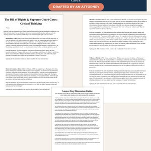 May include: A printed educational document titled The Bill of Rights & Supreme Court Cases, featuring a critical-thinking civics exercise for students, case summaries, constitutional amendment analysis, and an answer key/discussion guide.