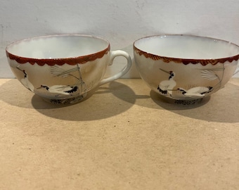 Set vintage di 2 tazze da tè in porcellana con decorazioni a gru dipinte a mano, in guscio d'uovo.