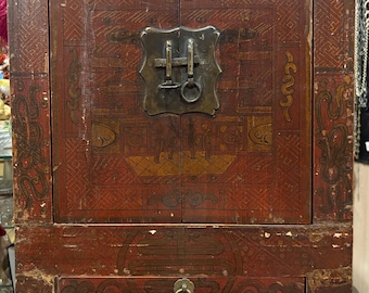 Antique Chinese Red Lacquer Cabinet • Late Qing Dynasty 1880-1920 • Gilt Court Figures • Brass Hardware • Scholar’s Chest • Asian Antiques