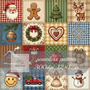 May include: A seamless pattern featuring a grid of Christmas-themed squares including Santa, a gingerbread man, a tree, a reindeer, an ornament, a wreath, a heart, a snowflake, a cabin, a stocking, an apple, a gift, a smiley face, a truck, an angel, and a snowman.