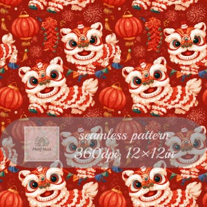 Può includere: Un motivo continuo con figure di leoni danzanti bianchi e rossi, lanterne rosse e fuochi d'artificio su sfondo rosso scuro. L'immagine include il testo: seamless pattern 360dpi, 12x12in, e un logo per Motif Nook.