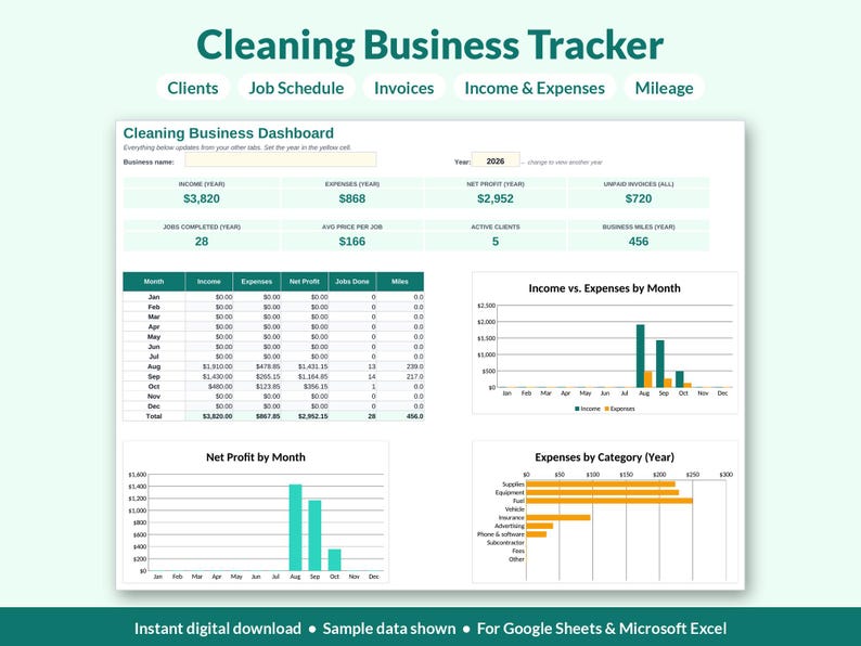 Cleaning Business Tracker Spreadsheet | Clients, Schedule, Invoices ...
