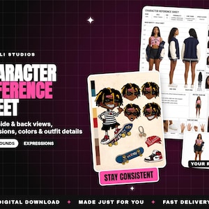 May include: A digital character reference sheet template featuring a cartoon character with yellow-tipped hair, a striped shirt, and a skateboard. The layout includes multiple facial expressions, colour swatches, and a photographic reference guide.