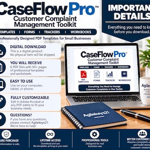 Könnte beinhalten: CaseFlow Pro Kundenservice-Beschwerdemanagement-Toolkit als digitaler Download mit 6 PDF-Dateien und über 50 Seiten an Vorlagen, Formularen, Trackern und Arbeitsbüchern. Enthält einen Laptop, ein Notizbuch und eine Tasse mit Agilekeys21-Logo.
