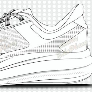 Puede incluir: Una ilustración de arte lineal en blanco y negro de una zapatilla deportiva con un panel lateral de malla, cordones estampados y una suela gruesa. El texto DesignBy SebPhang es visible en el lateral del zapato sobre un fondo de círculos blancos.