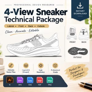 May include: A 4-view sneaker technical package digital file featuring a lateral view, front view, back view, and outsole view. The graphic includes the text 4-View Sneaker Technical Package, Professional Design Resource, and Instant Download.
