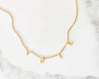 SALE vote necklace small letter election 2022 november bestseller gold silver designer michelle obama register convention debate