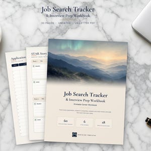 May include: A Job Search Tracker & Interview Prep Workbook with 30 pages in US Letter PDF format. The cover features a mountain landscape, the title, and sections for 60 applications, 6 STAR stories, and 18 practice questions for career planning.