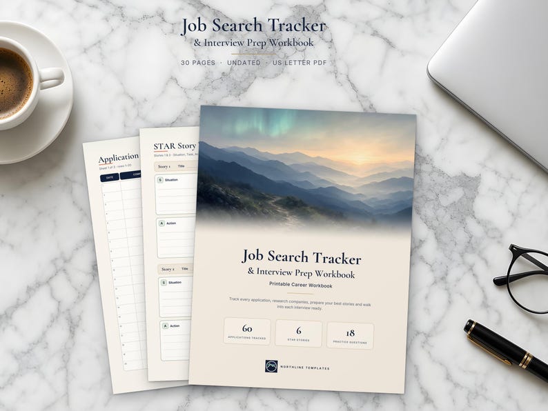 May include: A Job Search Tracker & Interview Prep Workbook with 30 pages in US Letter PDF format. The cover features a mountain landscape, the title, and sections for 60 applications, 6 STAR stories, and 18 practice questions for career planning.