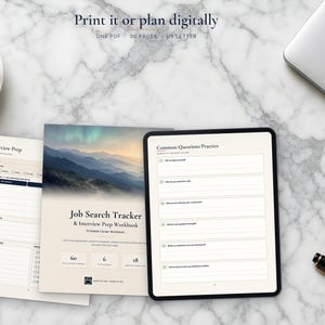 May include: A digital job search tracker and interview prep workbook displayed on a tablet and printed pages. The cover features a mountain landscape and the text Job Search Tracker & Interview Prep Workbook. Includes sections for interview prep and common questions practice.