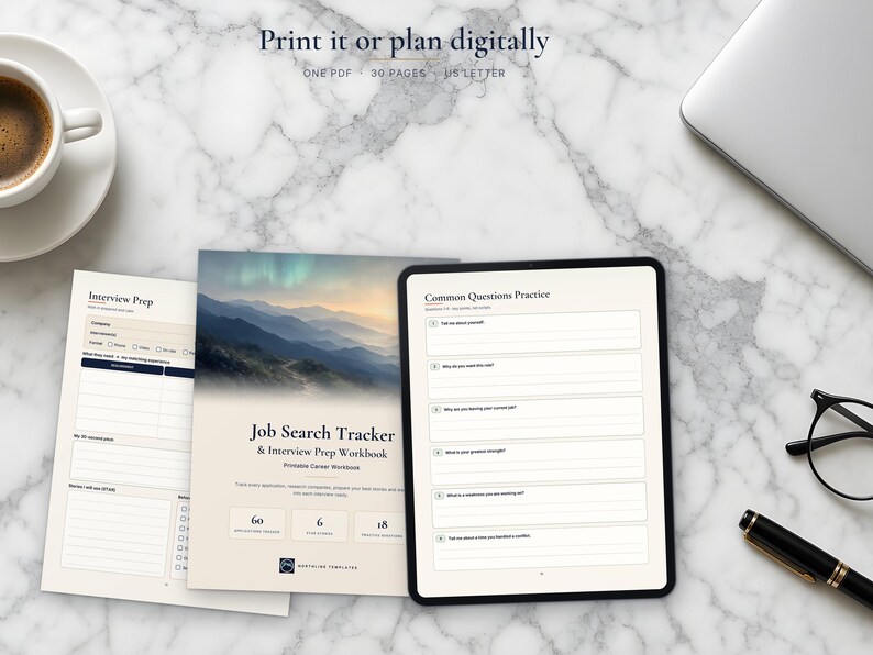 May include: A digital job search tracker and interview prep workbook displayed on a tablet and printed pages. The cover features a mountain landscape and the text Job Search Tracker & Interview Prep Workbook. Includes sections for interview prep and common questions practice.