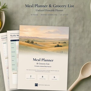 May include: A printable meal planner and grocery list set featuring a landscape illustration of rolling hills at sunset on the cover. The pages include sections for weekly meal planning, store categories, and recipe cards with text labels.