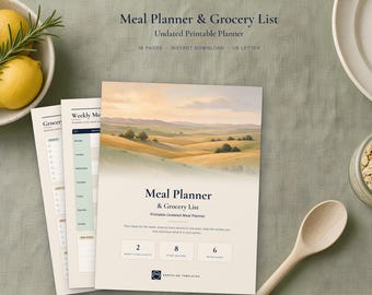 Meal Planner Printable, Weekly Meal Plan and Grocery List, Recipe Cards, Pantry Inventory, Undated Meal Planner, US Letter PDF