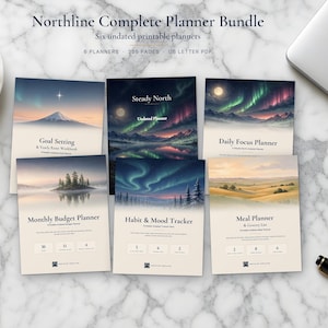 May include: A Northline Complete Planner Bundle featuring six undated printable planners with 305 pages in US Letter PDF format. The covers display landscape illustrations including mountains, forests, and aurora borealis scenes with titles like Goal Setting, Steady North, Daily Focus, Monthly Budget, Habit & Mood Tracker, and Meal Planner.