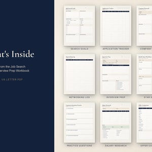 May include: A digital workbook featuring nine distinct page layouts for job searching, including sections for search goals, application tracking, company research, networking logs, interview preparation, star stories, practice questions, salary research, and offer comparison.