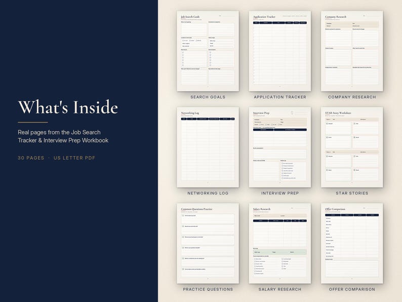 May include: A digital workbook featuring nine distinct page layouts for job searching, including sections for search goals, application tracking, company research, networking logs, interview preparation, star stories, practice questions, salary research, and offer comparison.
