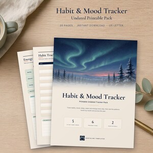 May include: A printable habit and mood tracker pack featuring a cover page with a dark blue night sky, green aurora borealis, and snow-covered pine trees. The text reads Habit & Mood Tracker, 20 pages, instant download, and US letter size.