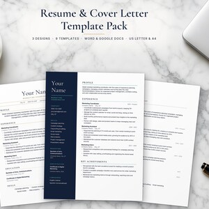May include: A resume and cover letter template pack featuring three distinct designs across nine templates compatible with Word and Google Docs in US Letter and A4 sizes. The documents display professional layouts with dark blue and white sections.