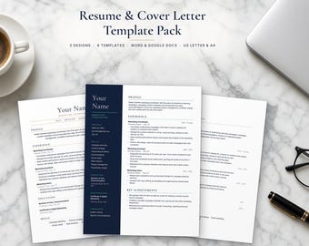 Resume Template for Word & Google Docs, Cover Letter and References Page, 3 Professional Designs, US Letter and A4, Editable CV