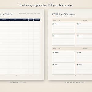 May include: Two printed pages featuring an Application Tracker and a STAR Story Worksheet. The tracker includes columns for date, company, role, source, status, and follow-up. The worksheet provides structured sections for situation, task, action, and result.