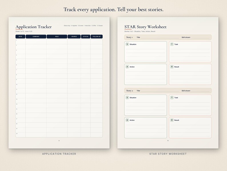 May include: Two printed pages featuring an Application Tracker and a STAR Story Worksheet. The tracker includes columns for date, company, role, source, status, and follow-up. The worksheet provides structured sections for situation, task, action, and result.