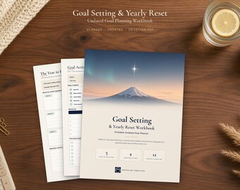 Goal Setting Workbook Printable, Undated Goal Planner PDF, Yearly Reset, Life Wheel, Vision & Word of the Year, US Letter