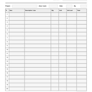 Op de afbeelding: Een zwart-wit formulier voor materiaalafname met velden voor bedrijf, telefoon, licentienummer, project, gebied, datum en door. Het document bevat een tabel met twintig rijen en kolommen voor item, beschrijving, grootte, hoeveelheid, eenheid, eenheidskosten en totaal.